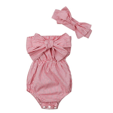

Sunisery 2PCS Newborn Infant Kids Baby Girls Tube Top Strip Romper and Bow Headband Summer Outfits Red 0-6 Months