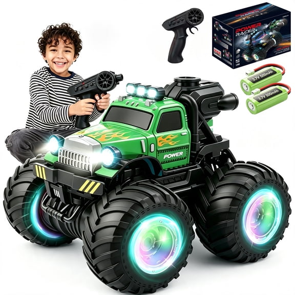 HNH Kids RC Monster Truck, 2.4Ghz 1:18 Scale Off‑Road Remote Control Car with LED Light Wheels, 2 Rechargeable Batteries, All‑Terrain RC Toy Vehicle for Children
