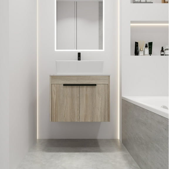 Noble House 24" Wall-Mount Vanity, Glazed Ceramic Art Basin & Stone Top, Soft-Close Door Bathroom Cabinet, White Oak