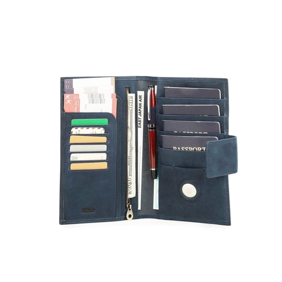 Contact's Leather Family 4 Passport Holder With Airtag,Travel Passport Wallet RFID Blocking (Blue)
