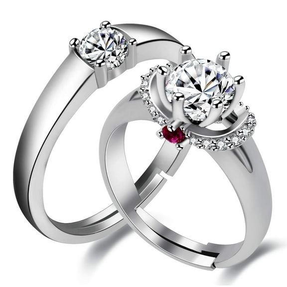 Uloveido 2 pcs Free Size His and Her Matching Couples Rings Set Simulated Diamond Solitaire Ring Fashion Wedding Engagement Band Ring Promise for Him and Her Valentine's Day Present Boy Girl LB024