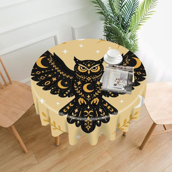 RKSupls 60 Inch Round Tablecloth, Black Owl Gold Premium Polyester Straight Edge Wrinkle Resistant Washable Table Cover for Party Home Dining Decor