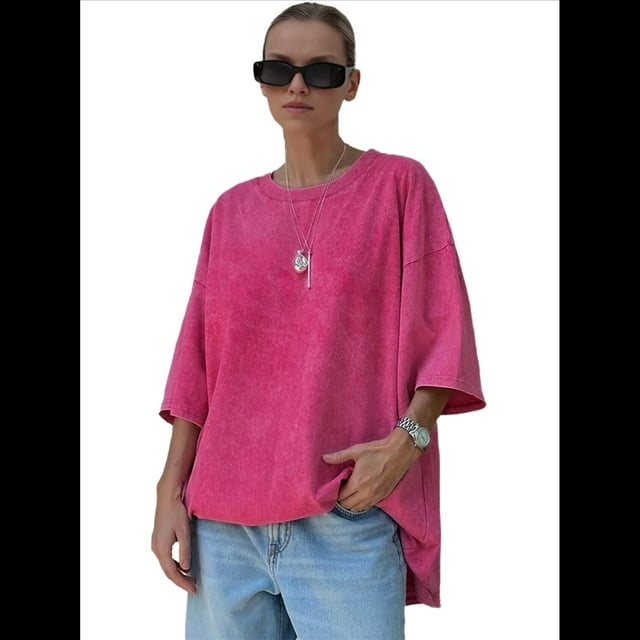 Camisetas Oversize para Mujer, Camisetas Vintage de Algodón, Cuello Redondo, Corta, Túnicas Lavadas de Verano. Rosa Roja XXL