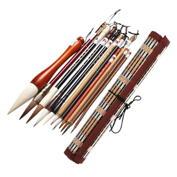 Pinceles de caligrafía china, tinta de dibujo a color, pincel artístico con soporte enrollable 11 piezas