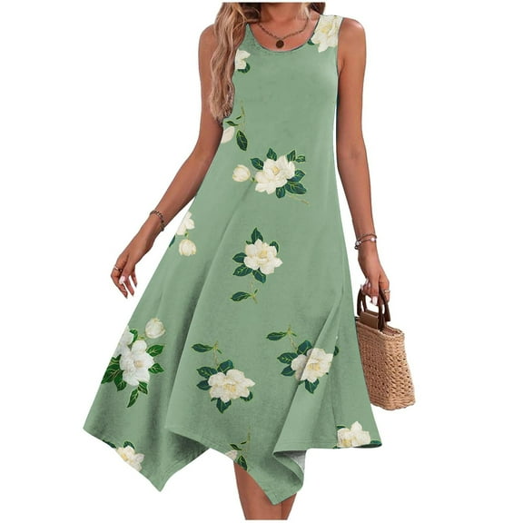 YANHAIGONG Flowy Maxi Dresses for Women Floral ,Boho Ruffle Mini Dresses for Women,Casual Loose Sleeveless Round Neck A-Line Irregular Hem Party Dress Floral Flare Beach Sundress