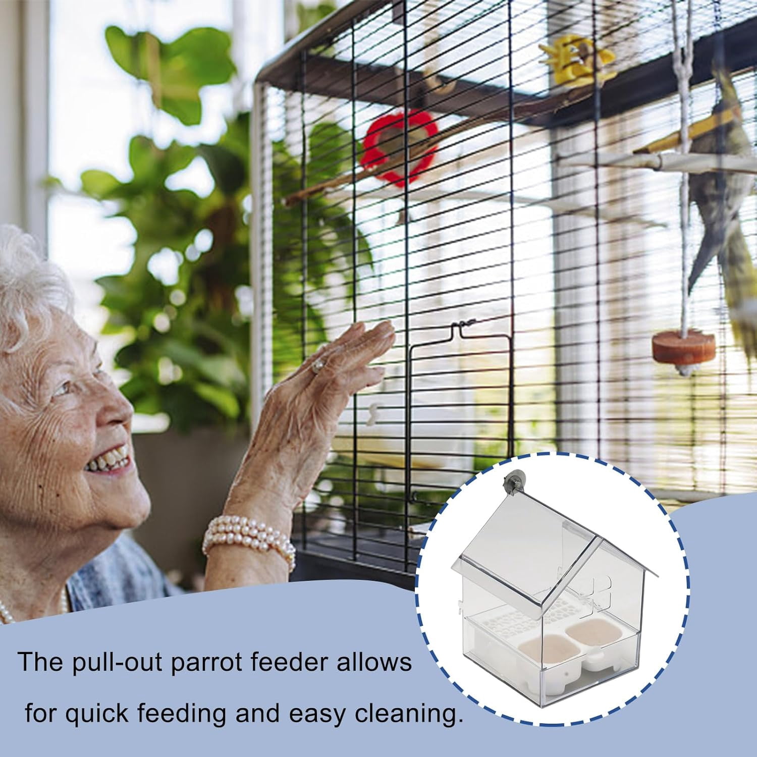 Pull-Out External Parrot Feeder – Hanging Wild Bird Seed with Squirrel Proof Tray & Transparent Bird Bath Tub​