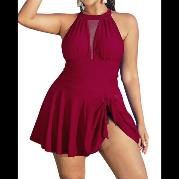 Traje de Baño de Talla Grande con Control de Abdomen, Estilo Vintage, Clásico, Transpirable, para Mujer. Vino Tinto 4XL