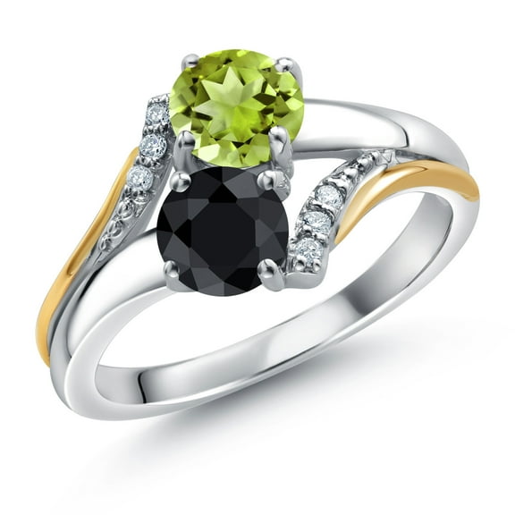 10K Yellow Gold and 925 Silver Black Sapphire and Green Peridot and White Lab Grown Diamond Accent Engagement Ring for Women (1.27 Cttw, Gemstone September Birthstone, Round 5MM, Size 9)