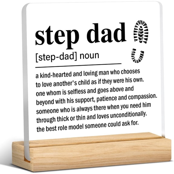 Step Dad Gift From Stepson Stepdaughter, Bonus Dad Gift, Step Dad Definition Acrylic Desk Plaque Sign Keepsake Gift for Father's Day (with Wooden Stand) 4x4 Inch