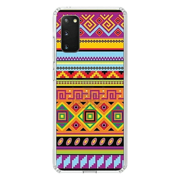 DistinctInk Clear Shockproof Hybrid Case for Galaxy S20 PLUS / 5G (6.7" Screen) - TPU Bumper, Acrylic Back, Tempered Glass Screen Protector - Blue Orange Purple Tribal Print