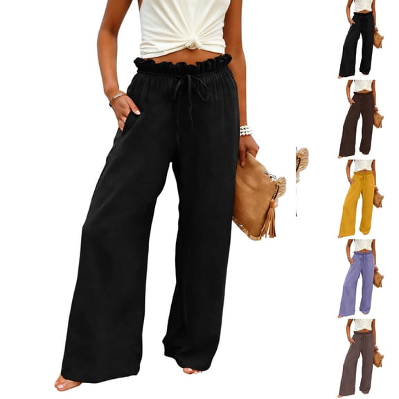 ZHYou Womens Pants Wide Leg High Waisted Casual Lightweight Adjustable Drawstring Linen Trousers with Pockets,Black,Size L
