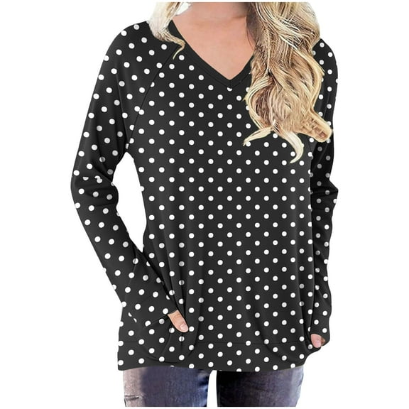 Htigea V-Neck Long Sleeve Tops for Women Cute Print Tunic Shirts Casual Loose Fit Pullover Side Pockets Tshirt Black S