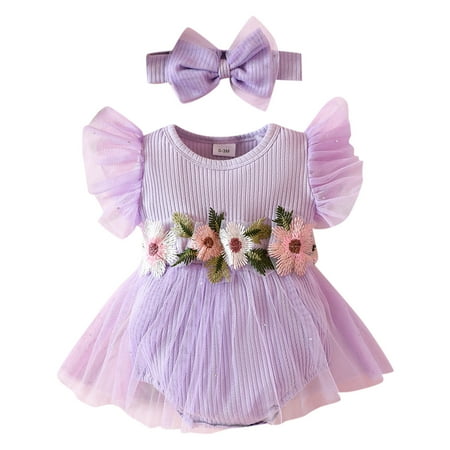 

XYIJANI New Baby Infant Girls Fly Sleeve Ribbed Floral Tulle Romper Bodysuit Dress Headbands Set 18 Month Old Boy Clothes Baby Boy S Clothing Baby Clothes Girl (Purple 12M)