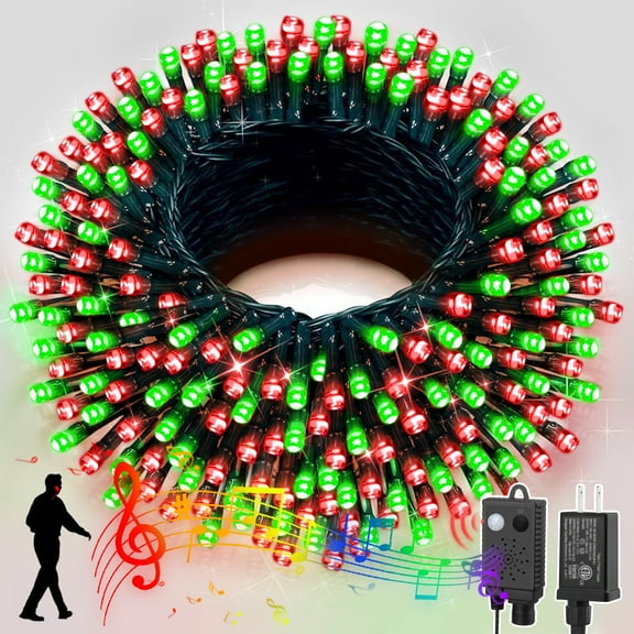 LAMPHOME 66ft Music Christmas Mini Lights (Stepless Dimming,Green Wire),200 LED Fairy Starry String Light Plug in for Indoor Outdoor Xmas Tree Wedding Party Decoration (Red Green)