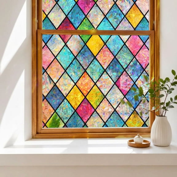 Stained Glass Window Film, Rainbow Static Cling Privacy Film, 17.5 x 78.7 Inches
