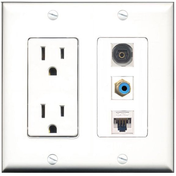 RiteAV - 15 Amp Power Outlet 1 Port RCA Blue 1 Port Toslink 1 Port Cat5e Ethernet White Decorative Wall Plate