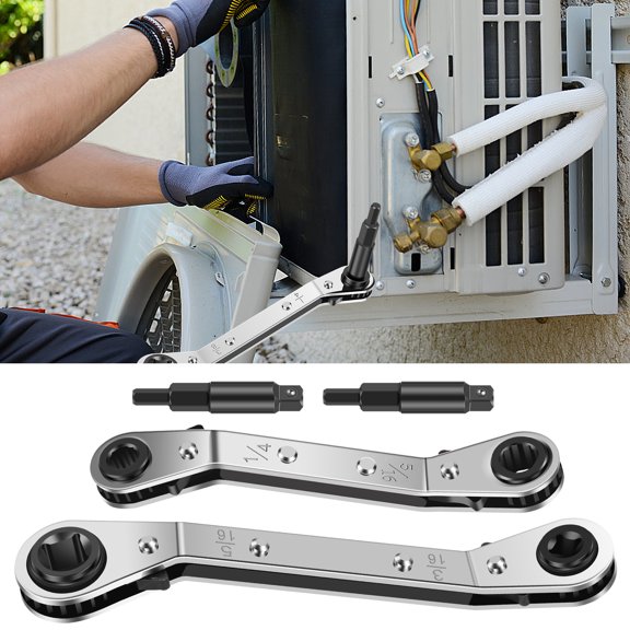 Ikoopy 2pcs Hvac Service Wrench Tools with 2 Hexagon Bit Adapter Kit Waterproof Rustproof Air Conditioner Valve Ratchet Wrench for Air Refrigeration and Equipment Repair Tools