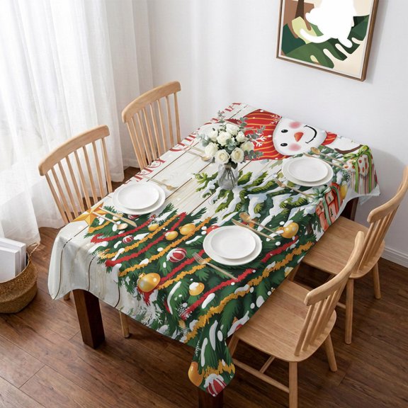 Snowman Christmas Table Cloth Waterproof Tablecloths, Xmas Tree Ball Snowflake Winter Wooden Tablecloth Dining Table Cover for Kitchen Party Tabletop Outdoor, Rectangle Tablecloth 60x102 Inch