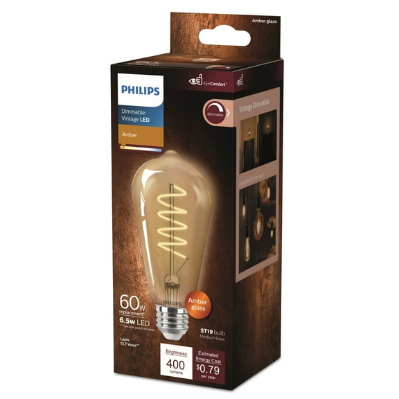 Philips LED 60-Watt ST19 Filament Straight Tubular Vintage Spiral Light Bulb, Amber, Dimmable, E26 Medium Base (1-Pack)