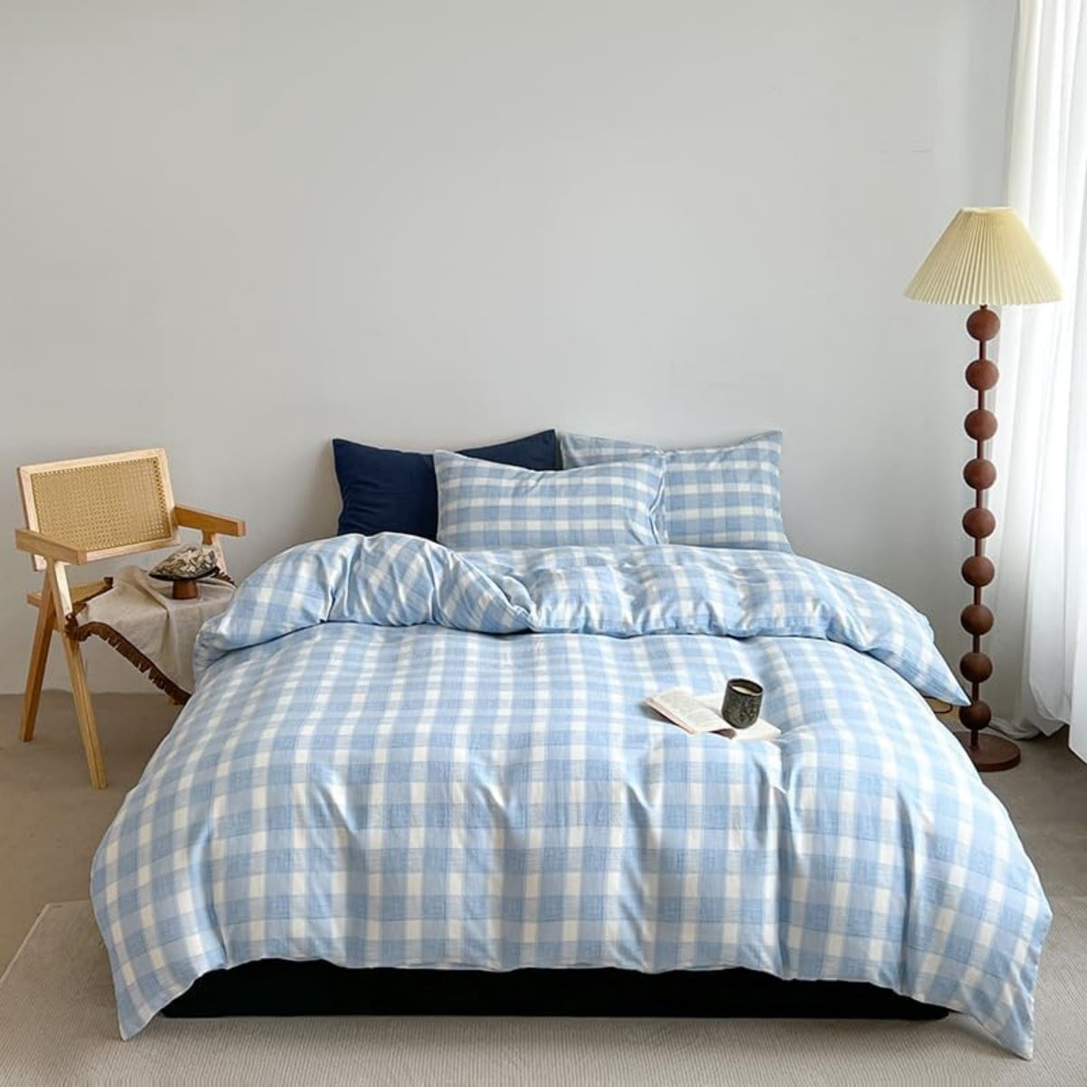 NAYOROOM Blue White Checked Geometric Duvet Cover King Set, 3-Piece Fresh Checkered Pattern Breathable Comforter Cover