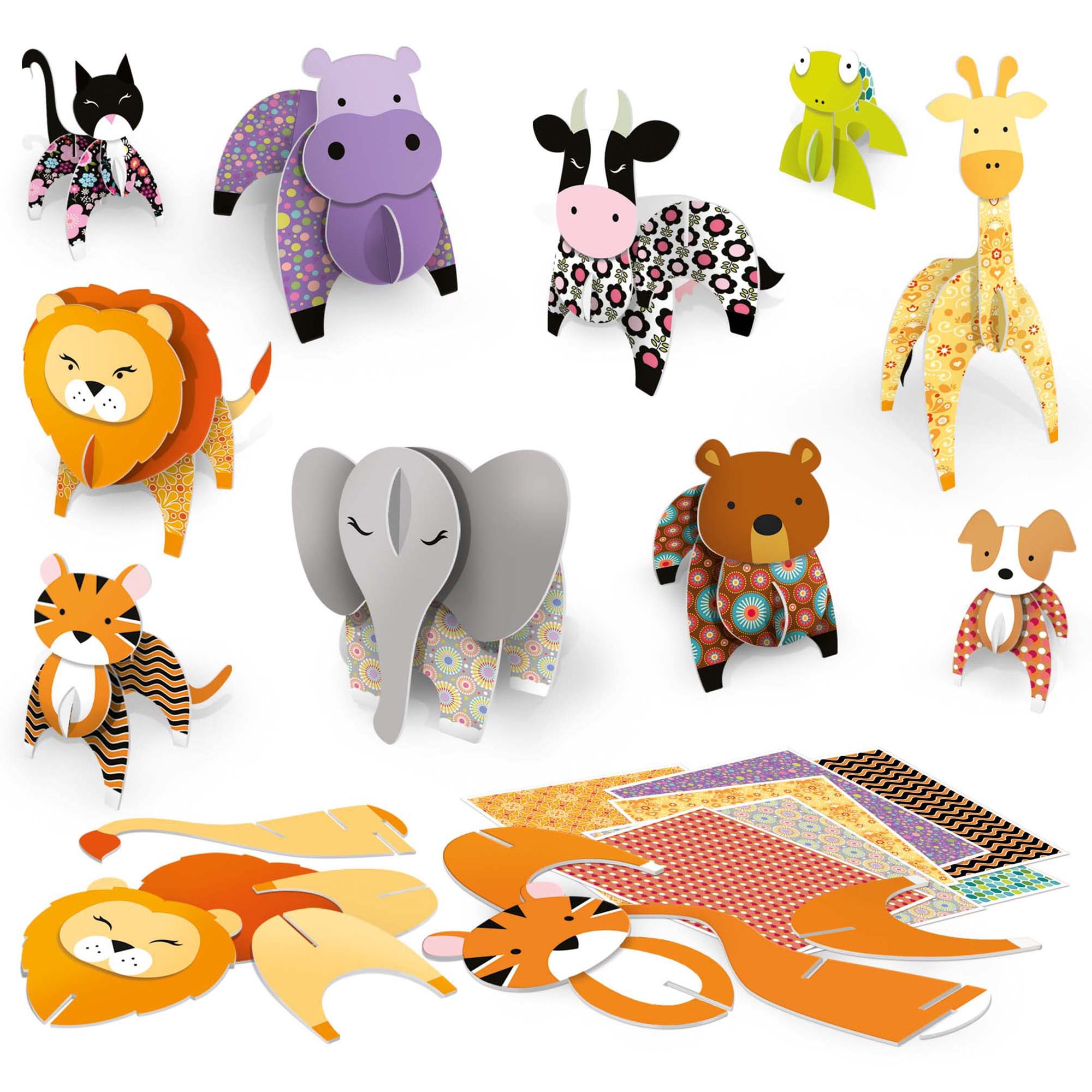 Headu: Make 3D Animals - DIY Build-Decorate-Create 10 Freestanding Animals, Fold & Connect Cardboard Pieces, Mix & Match Styles, Stickers, Kids 4+