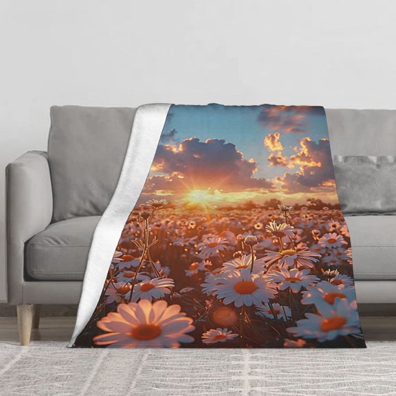 Sunset Daisy Flower Field Throw Blanket, Warm Golden Hour Floral Nature Fleece Blanket for Sofa Bed, Cozy Botanical Home Decor