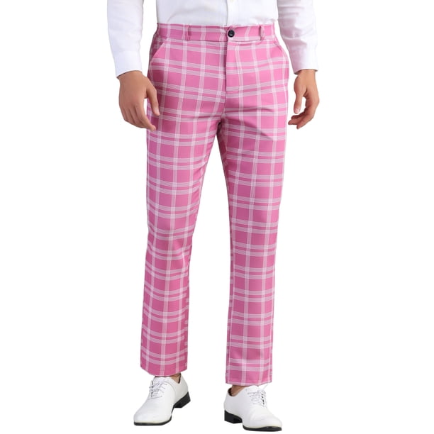 Pantalones de traje de hombre de corte regular con estampado a cuadros, frente plano y cintura elástica clásica 30 Rosa oscuro