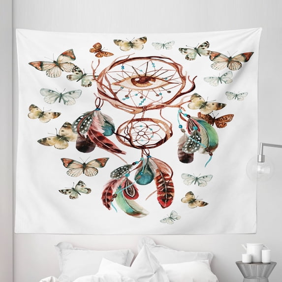 Feather Tapestry, Dream Catcher with Butterflies and All Seeing Eye Watercolor Style, Fabric Wall Hanging Decor for Bedroom Living Room Dorm, 5 Sizes, Multicolor, by Ambesonne