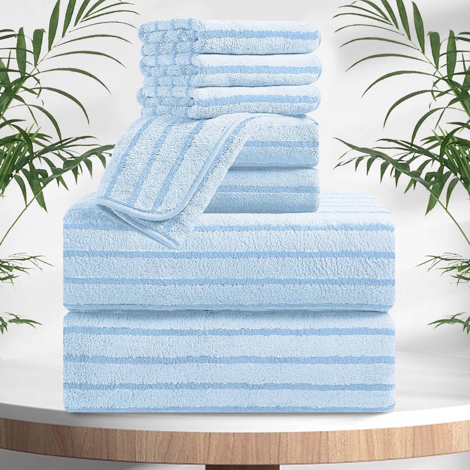 Jessy Home 8 Pcs Blue Bicolor bar Stripe Large Bath Towels Set 2 Oversized Bathroom Towels, 2 Hand Towels, 4 Washcloths