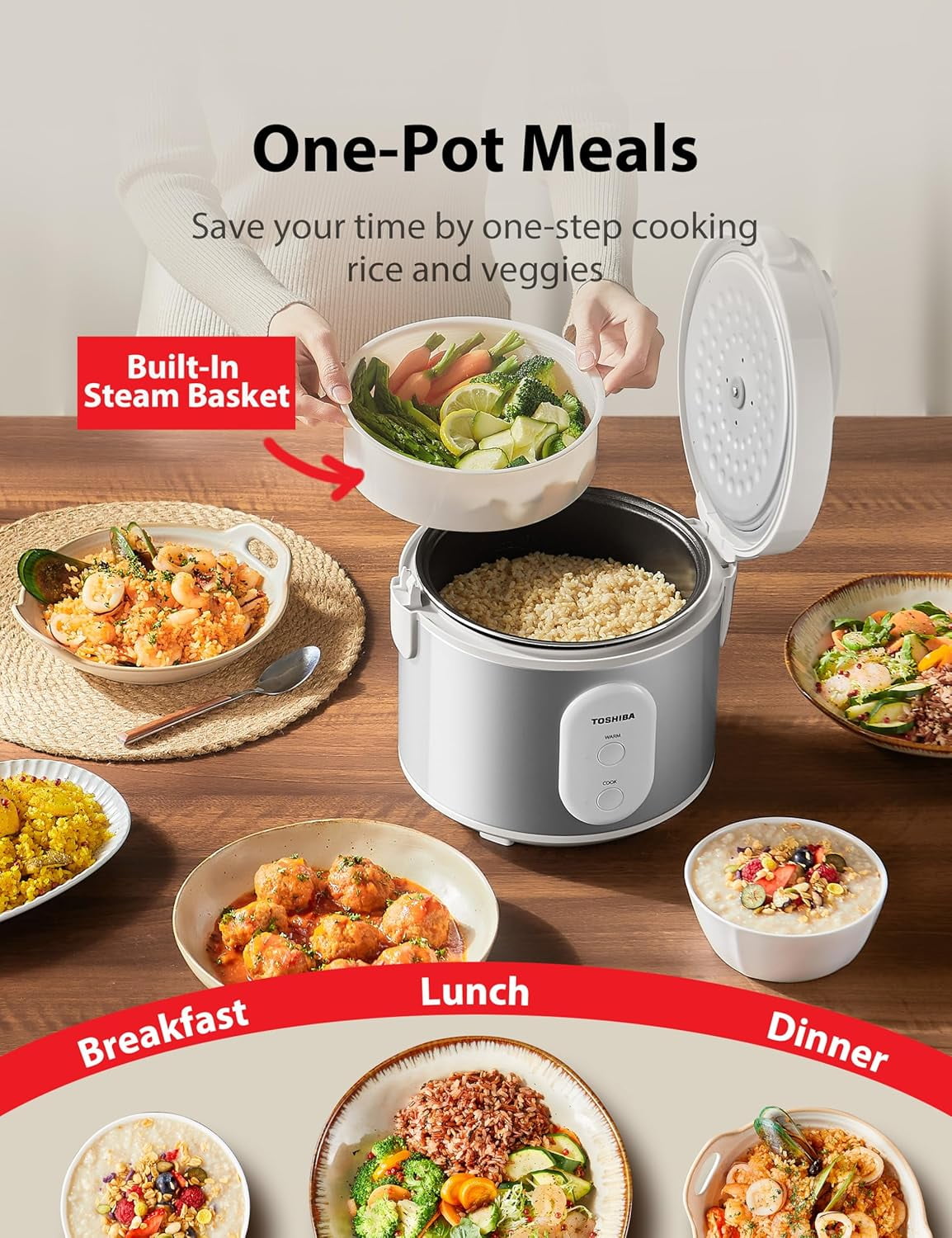 Rice Cooker & Steamer Simple 5.5 Cup with Non-Stick Pot, One-Touch Control for Family Meals