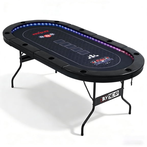 Foldable LED Poker Table, 10 Player Texas Holdem Blackjack Casino Table with 3-Color LED Lights, Padded Rails & Cup Holders, Portable Card Game Table for Home Game Room & Parties