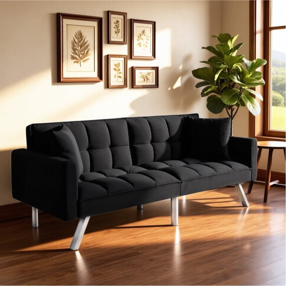 BSHTI Velvet Convertible Futon Sofa Bed with 3-Position Split Back, Solid Wood Frame, Metal Legs, 2 Toss Pillows for Living Room & Guest Room(Black)