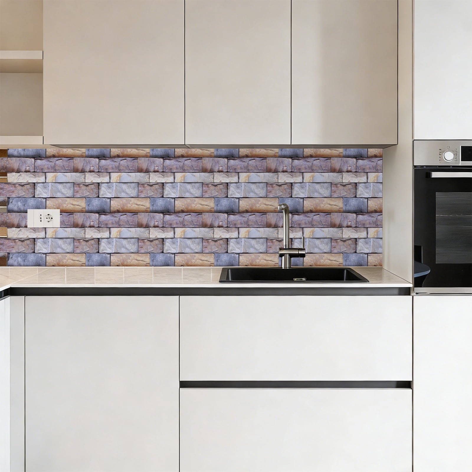 Uxcell 10Pcs Peel and Stick Backsplash Tiles 10.6" x 10.6" 3D Thickened Stone Texture Self-Adhesive Tile Stickers Wallpaper Wall for Kitchen Bathroom Bedroom, Brown Gray