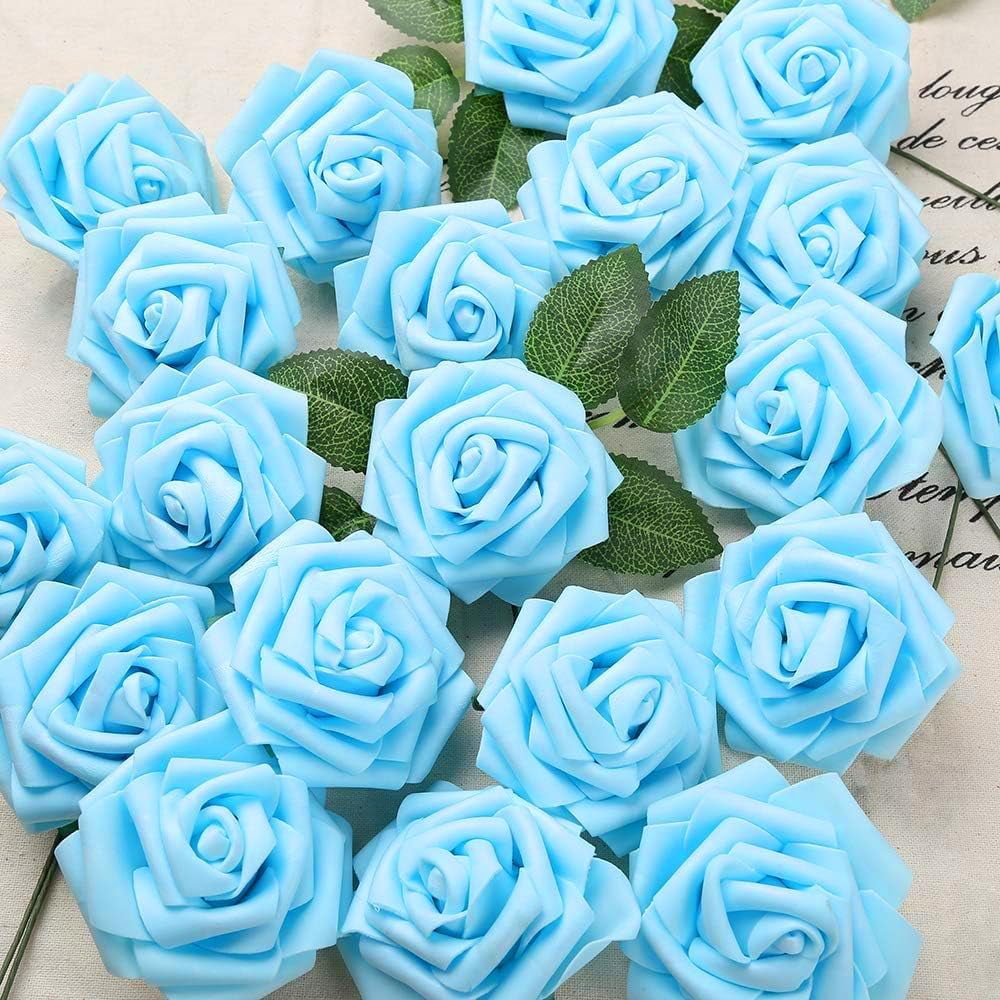 30pcs Baby Blue Roses Foam Flowers Artificial Roses with Stems, Fake Roses with Fake Flowers for DIY Wedding Bouquets Baby Shower Centerpieces Floral Party Home Décor (Light Blue)