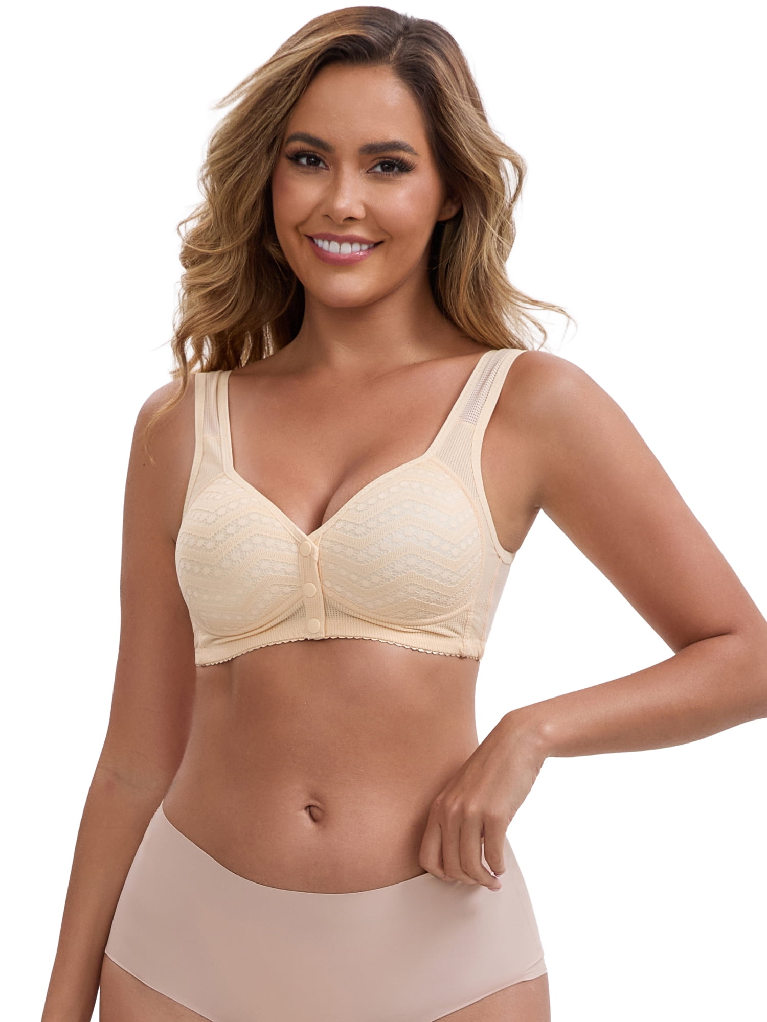 DARING DIVA Women's Lace Front Closure Push Up Wide Strap Bra S Beige