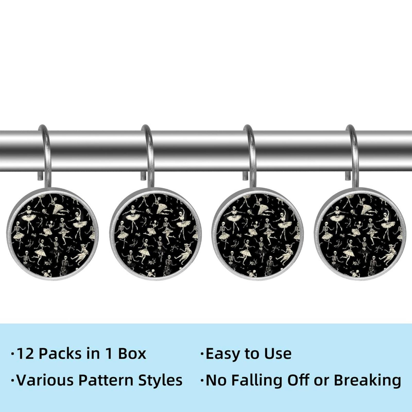 12pcs Decorative Shower Curtain Hooks, Rust Resistant Shower Rings for Bathroom Living Room,Rustproof Stainless Steel Rings for Shower Curtain and Liner Rods,Ballet Dancing Skeleton Black
