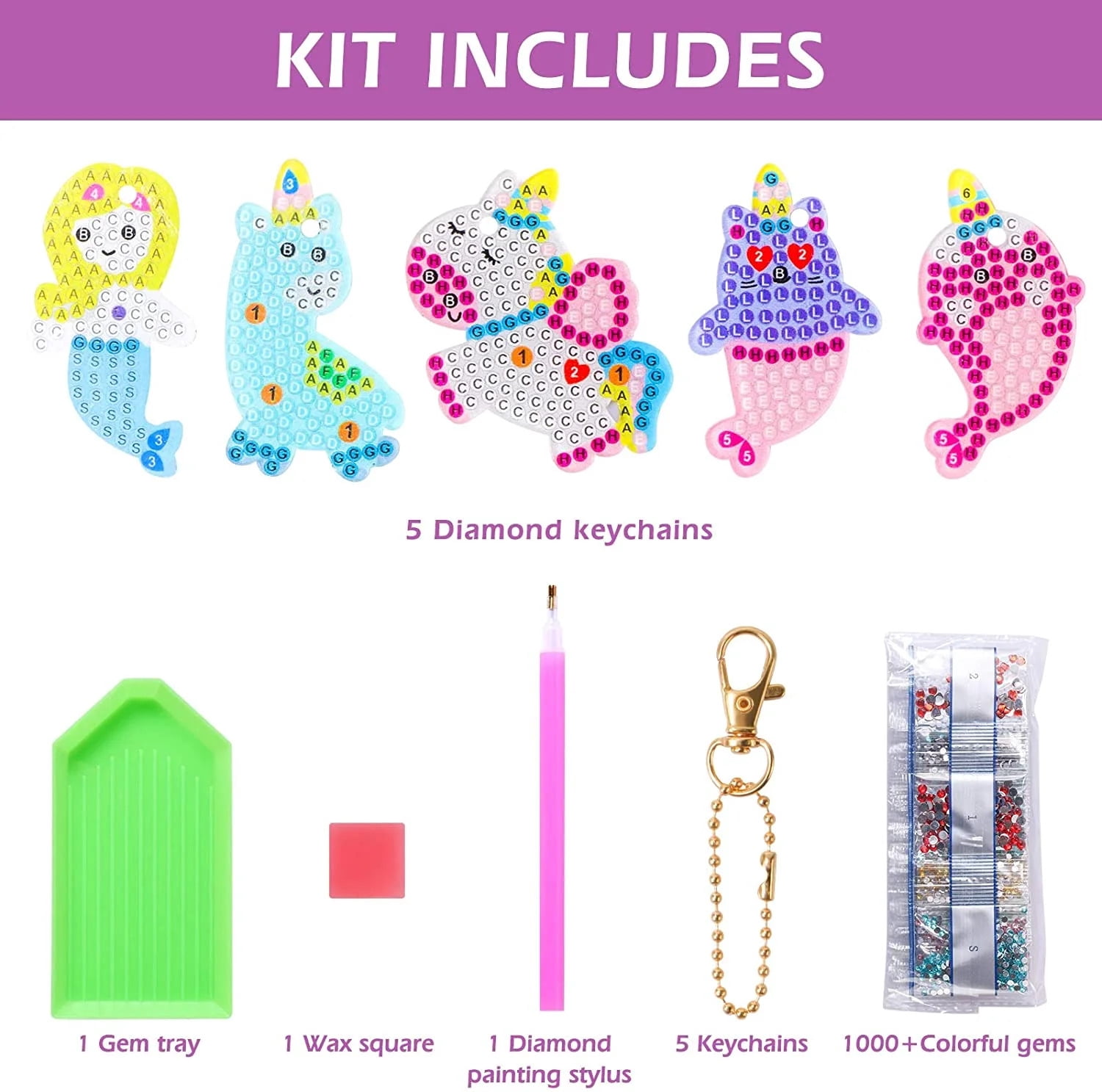 5Pcs Gem Diamond Art Kits with Key Chains,Mermaid Diamond Painting Kits for Kids Art and Crafts Set