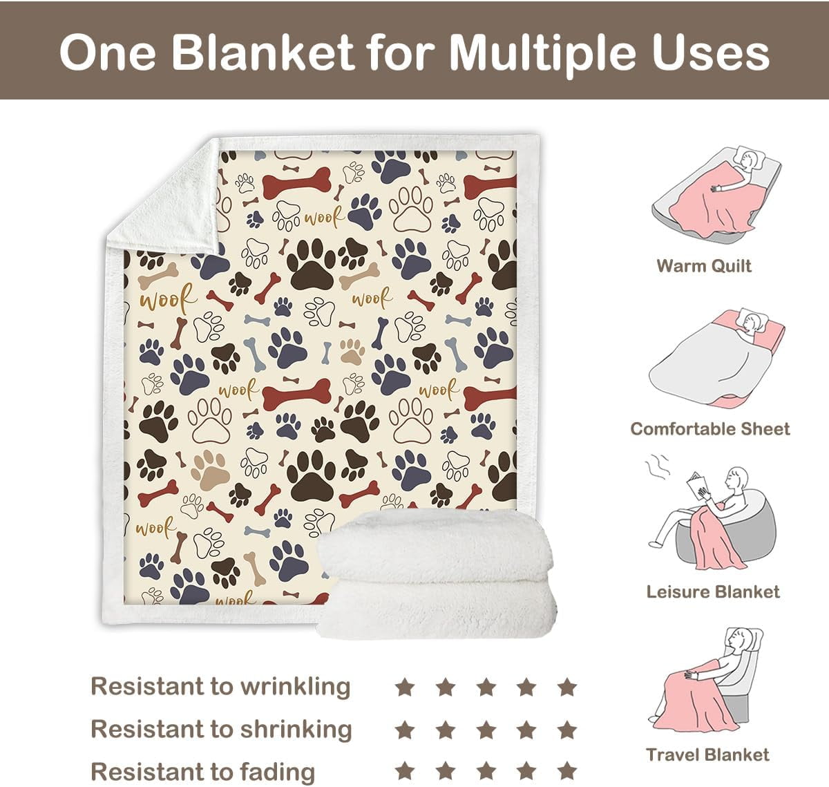 Dog Paws and Bones Print Fleece Throw Blanket for Kids Soft Plush Light Yellow Sherpa Blanket for Couch Chair, Throw (50" X 60")