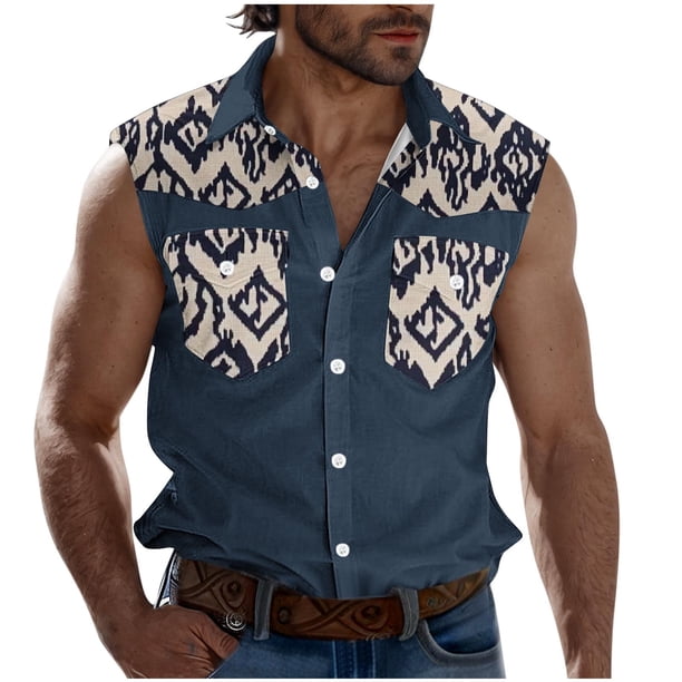 Camisas de Cuello para Hombres, Moda Casual Día de la Independencia Imprimir Turndown Bolsillos sin Mangas Tanque Deportivo