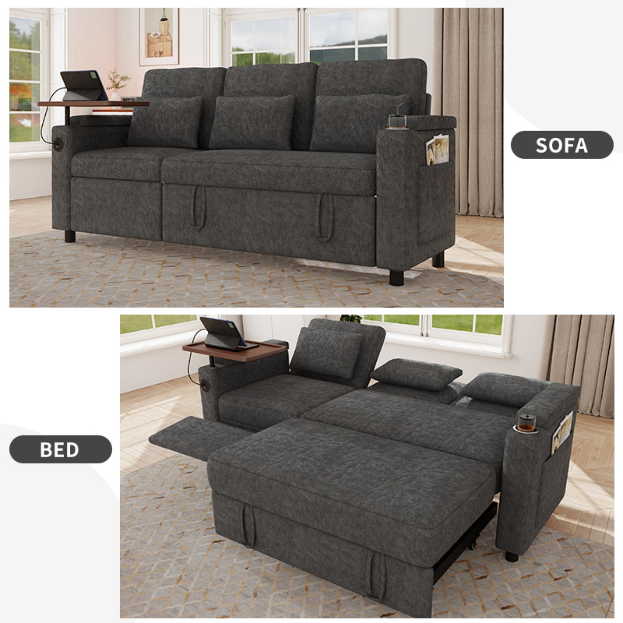 DEALTOPS 81" Chenille Pull-Out Sleeper Sofa Bed with Recliner, Tray Table, USB Ports & Storage, Dark Gray