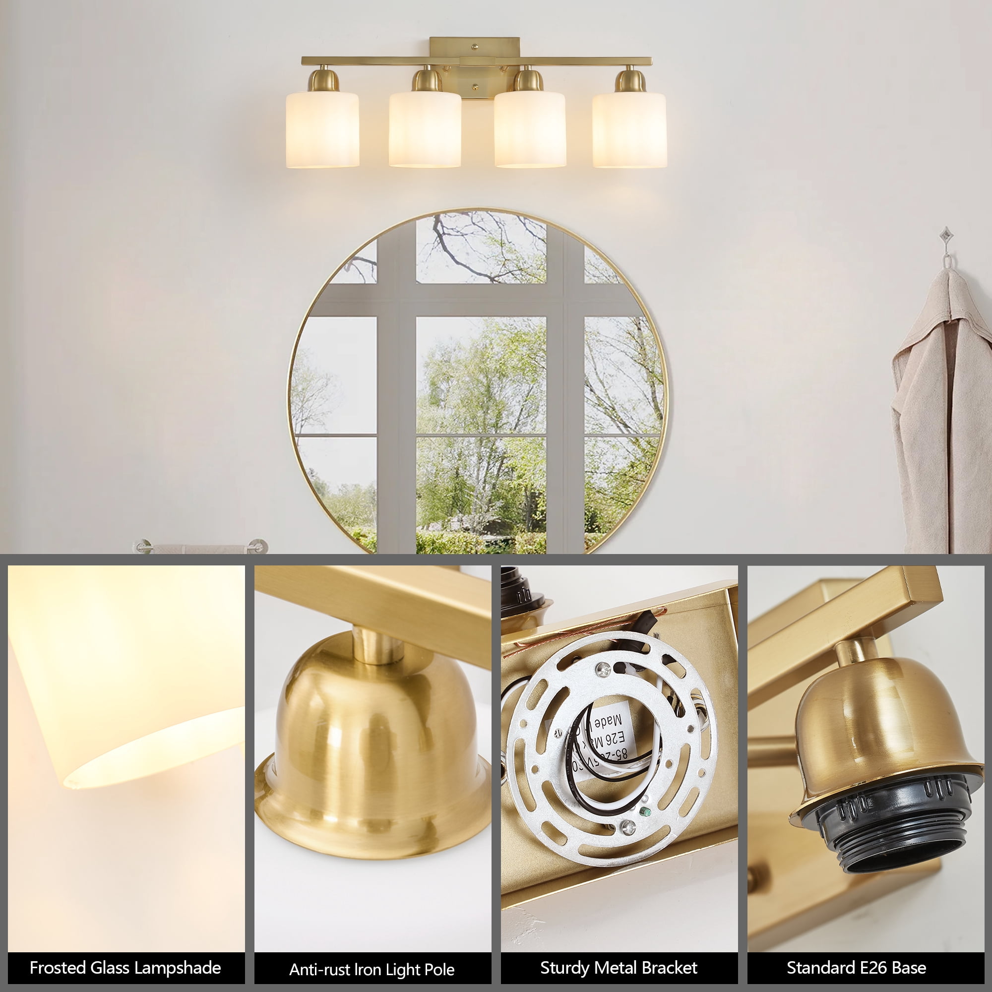 Leumius 4-Light Bathroom Vanity Light Fixture, Modern Vanity Light Over Mirror, Wall Sconces with Milky White Frosted Glass Shades for Mirror, Bathroom, Bedroom and Hallway Gold (No Bulbs)