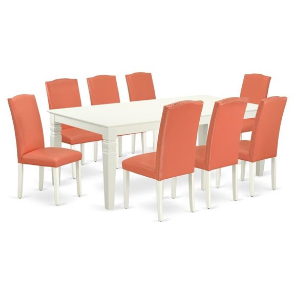 East West Furniture Logan 9-piece Wood Dining Set in Linen White/Pink Flamingo