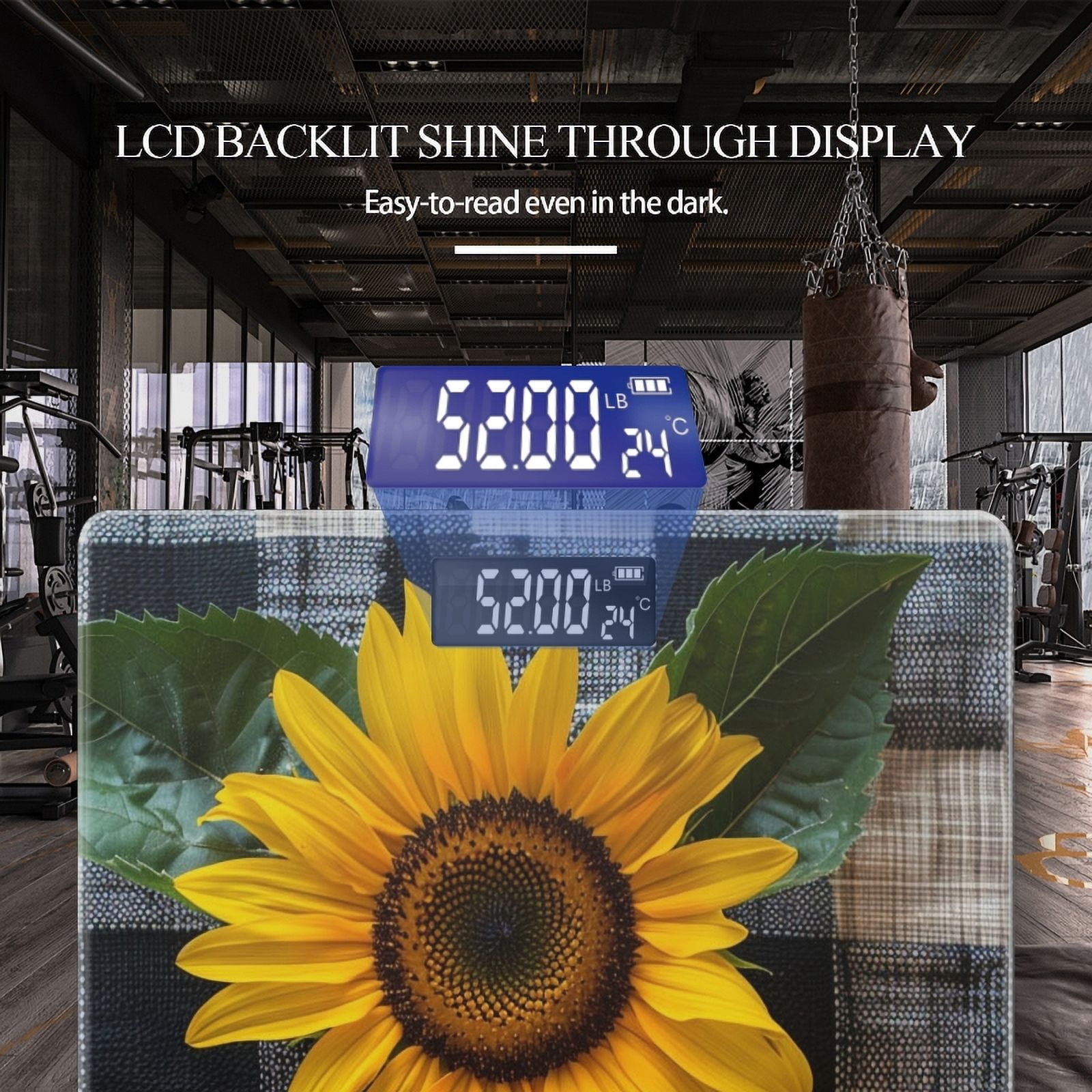 High Precision Body Weight Scale Smart Bathroom Scales with Large LCD Display(400lbs),Decorative for Bedroom-Sunflower On Checkered
