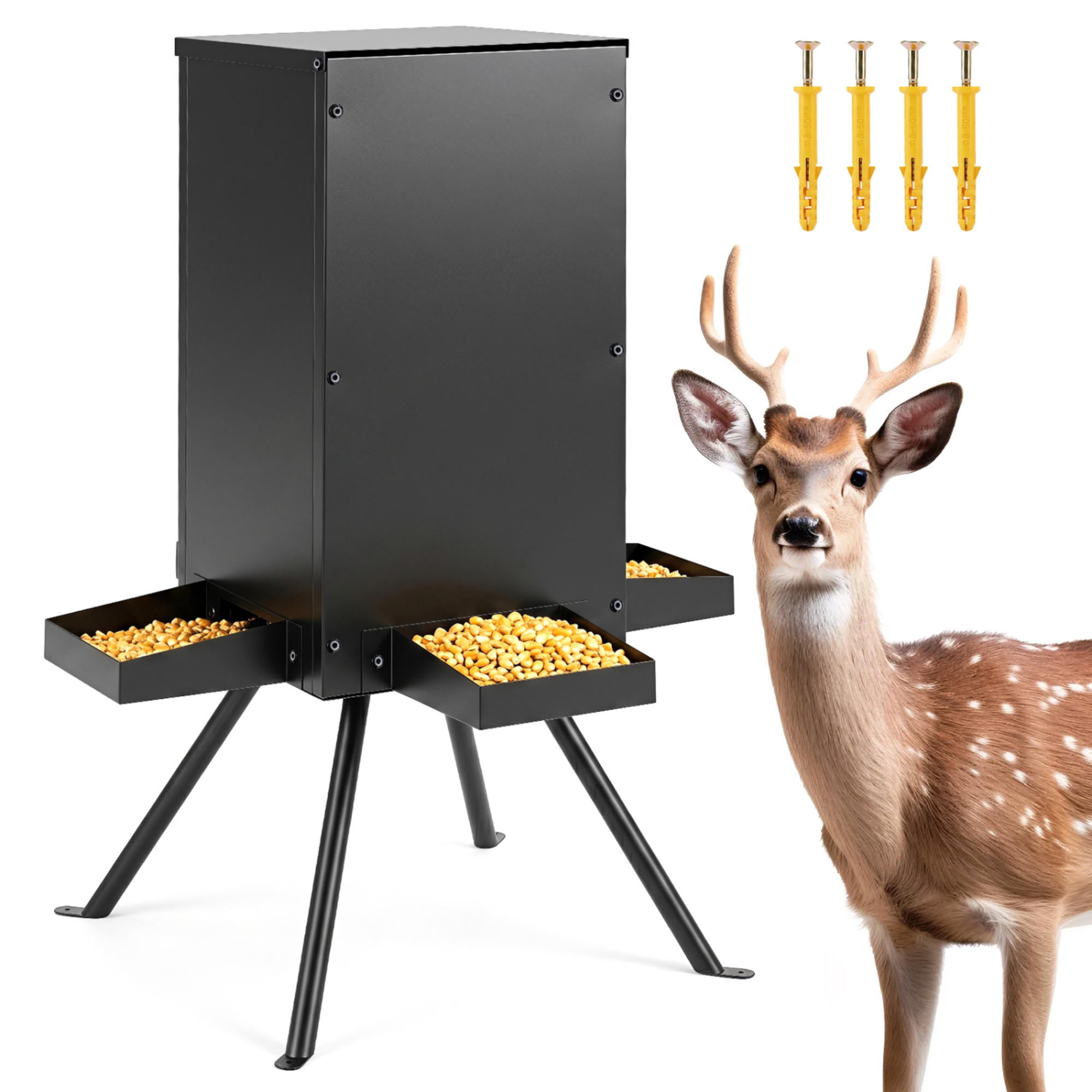 Gravity Deer Feeder 90 Lb Hopper Capacity 4 Feeding Trays 4-Leg Stand Galvanized Steel Black