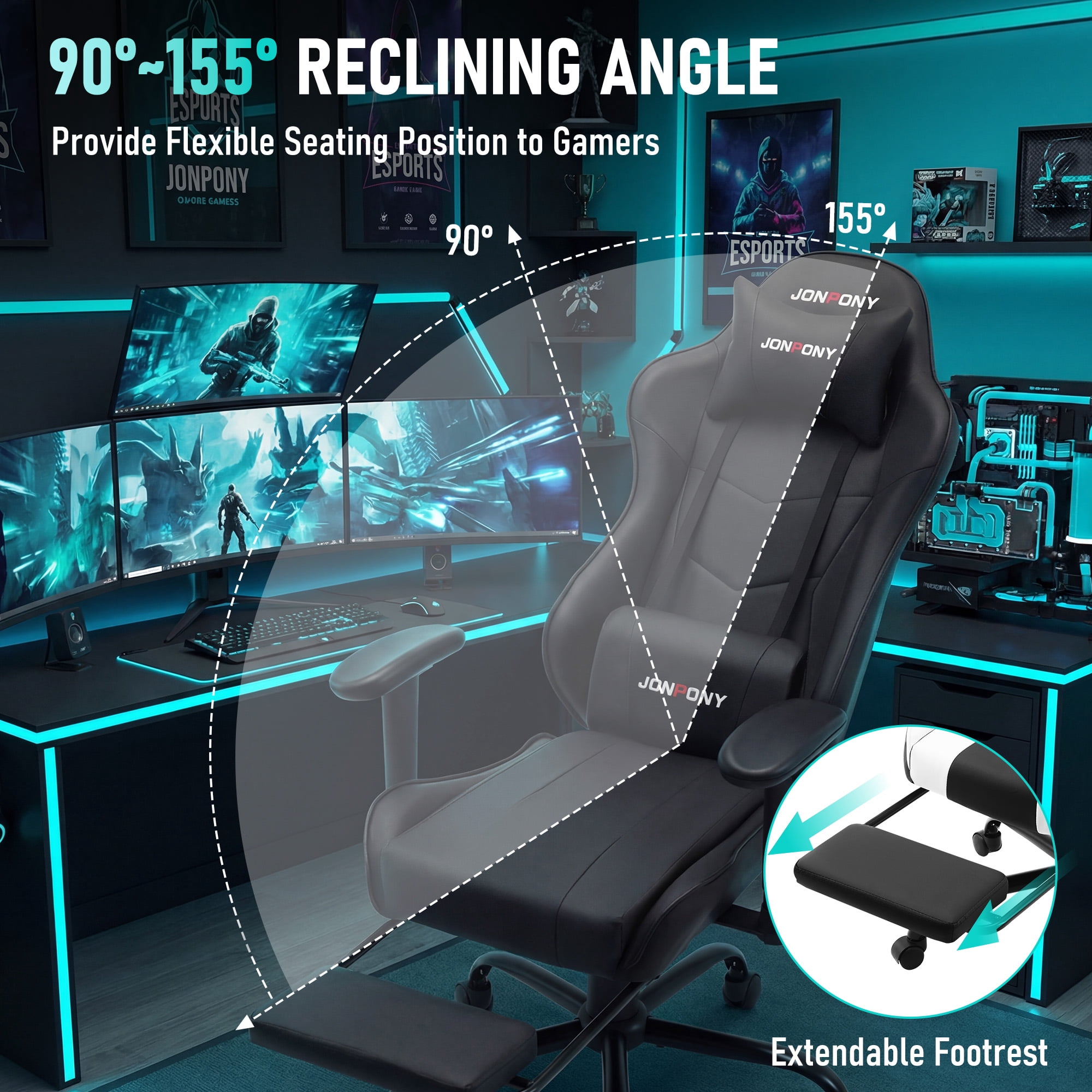 JONPONY Big and Tall 500LBS Gaming Chair with Footrest and Lumbar Support, High Back Ergonomic Recliner,Height Adjustable Leather Computer Desk Chair for Home Office, Black