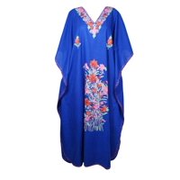 Mogul Women Lapis Blue Kaftan Maxi Dress Boho Loose Floral Embroidered Kimono Sleeves Resort Wear Cover Up Housedress 4XL