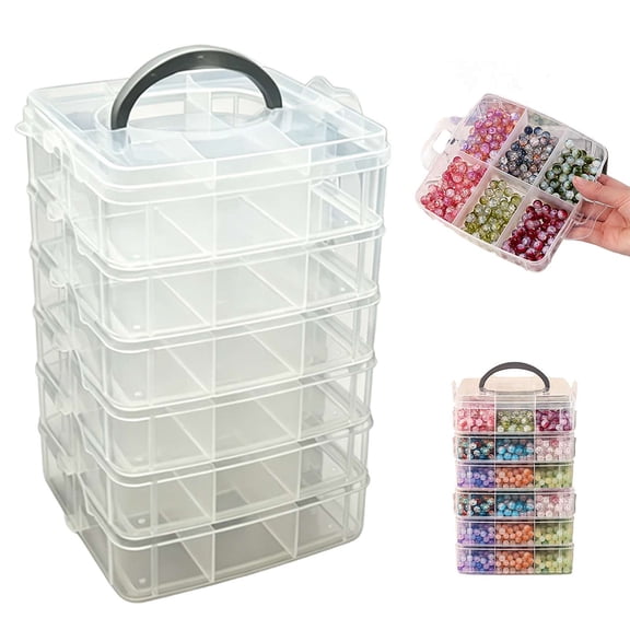 6-Tier Stackable Craft Storage Organizer, Clear Plastic Bead Box with Carry Handle for Jewelry Sewing Supplies