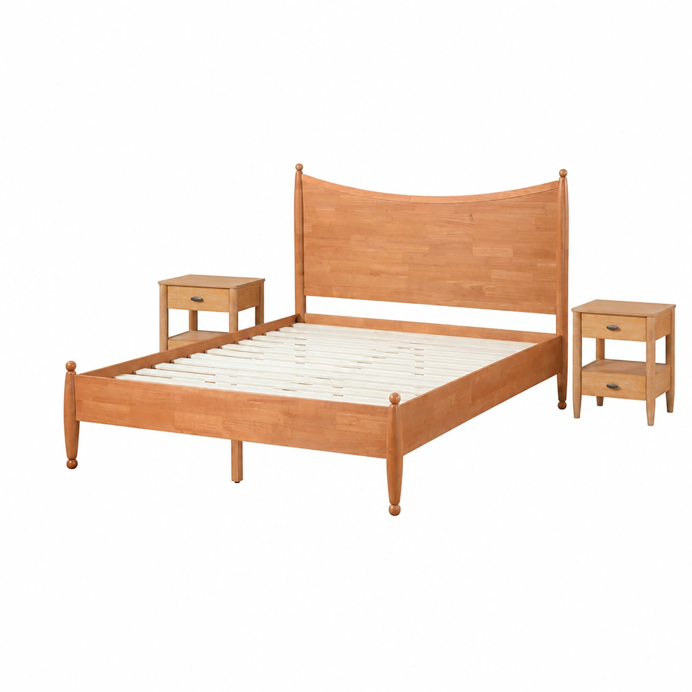 Christopher Knight Home Queen Bedroom Set, Wood Bed with Curved Headboard and 2 Nightstands, Honey Oak+Natural