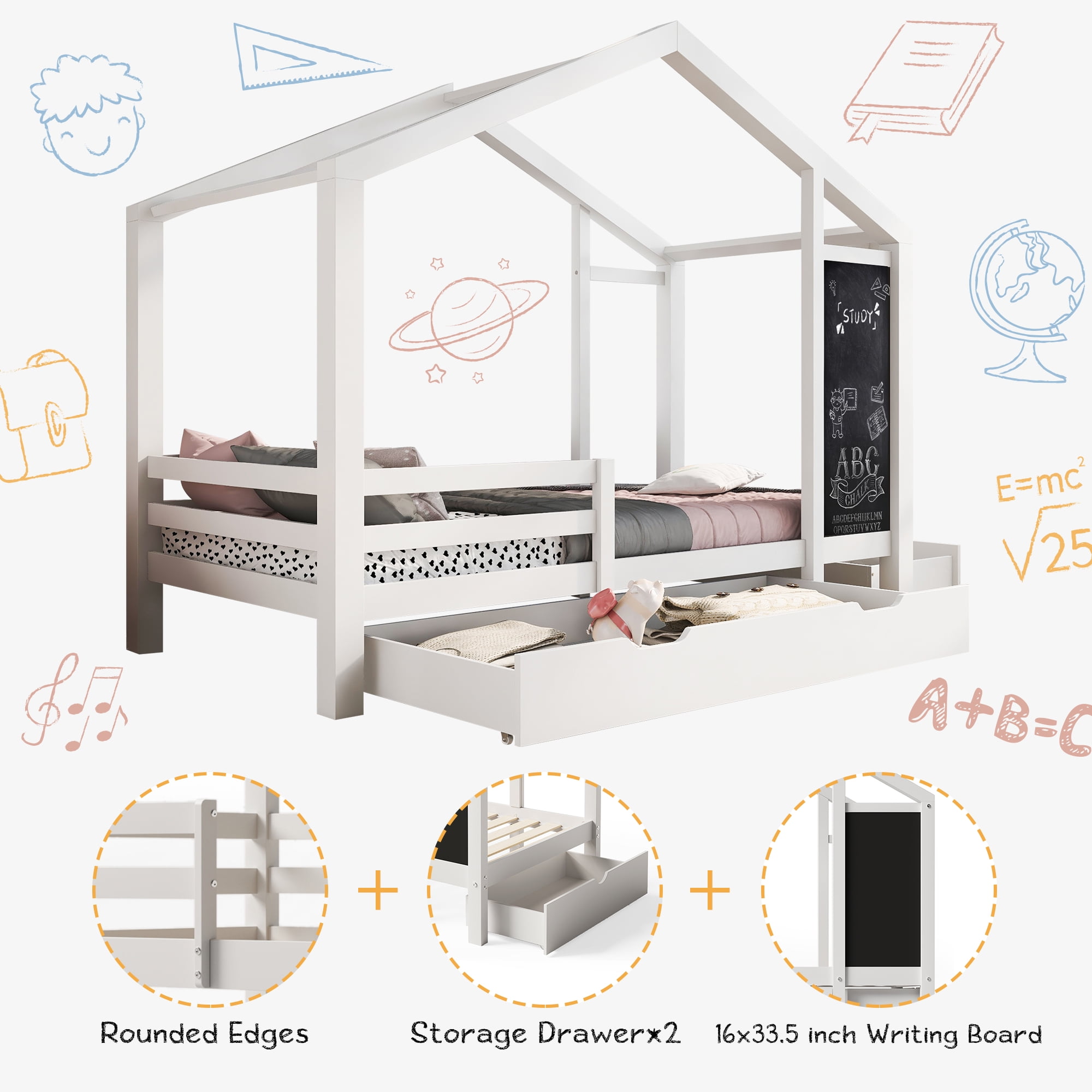 Bellemave Twin Size House Bed with Storage Drawers and Blackboard Playhouse Platform Bed with Guardrails and Wooden Slats Montessori Twin House Bed ,  Assembly Options, White