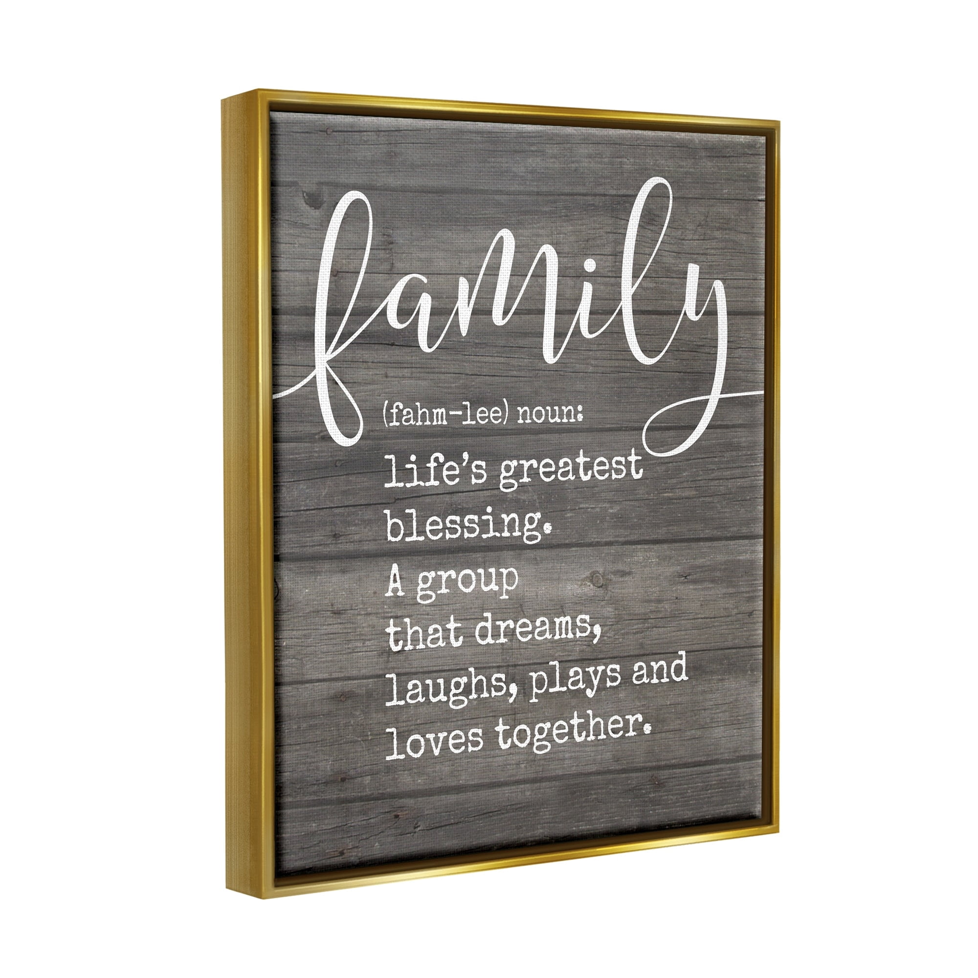 Stupell Industries Family Definition Planked Metallic Gold Framed Floating Canvas Wall Art, 24x30, by Lettered and Lined